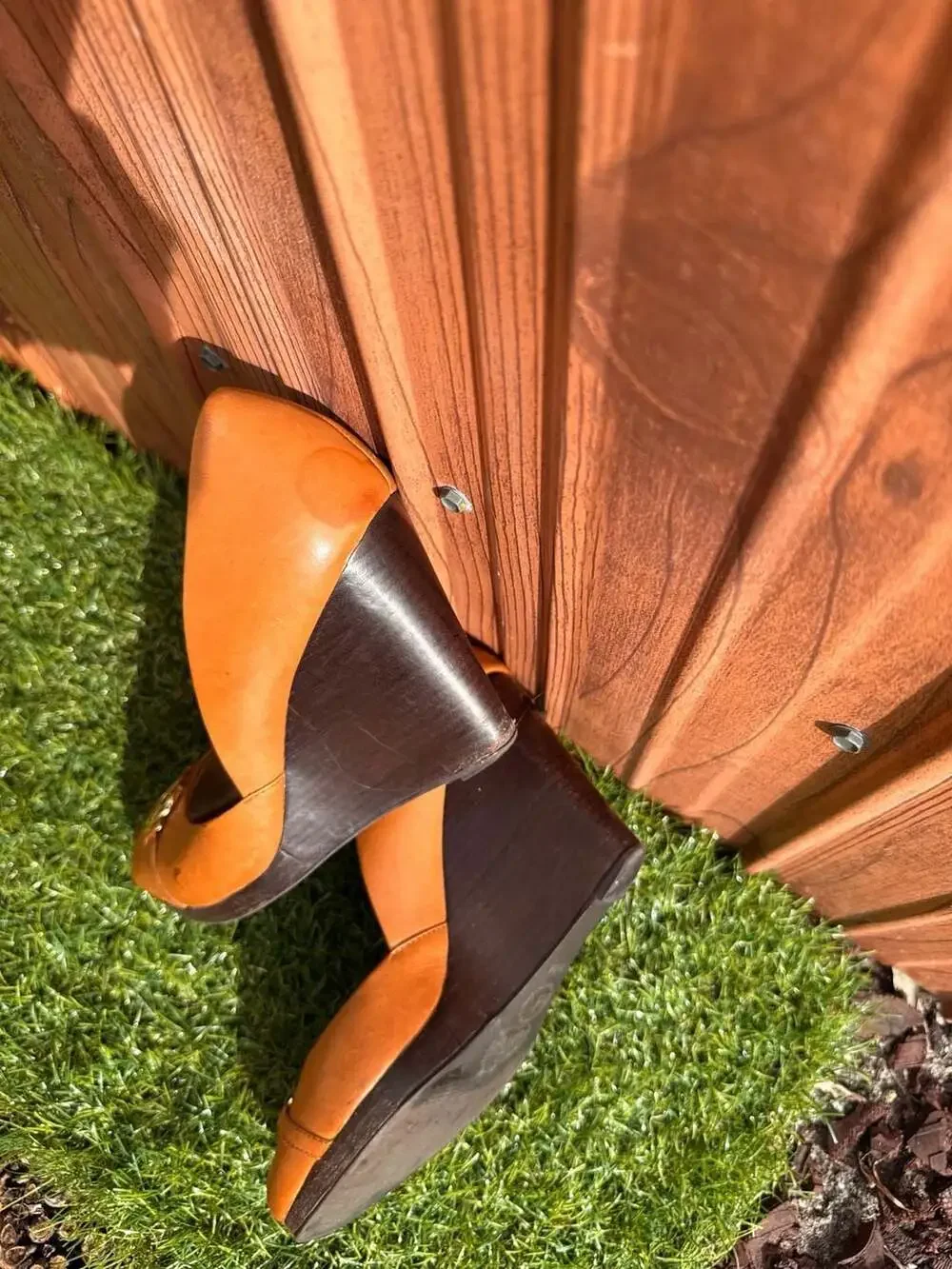 Michael Kors Tan Leather Peep Toe Wedge Heels with Gold MK Logo Accent